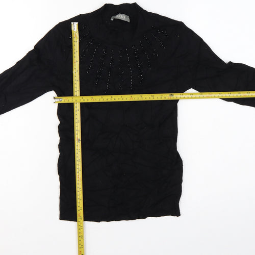 Oasis Women Black Size S Beaded High Neck Long Sleeve Knit Jumper