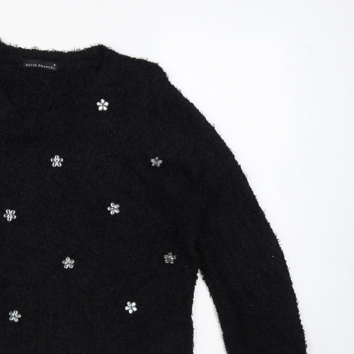 David Emanuel Women’s Black M Floral Jewel V-Neck Fuzzy Knit Jumper