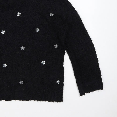 David Emanuel Women’s Black M Floral Jewel V-Neck Fuzzy Knit Jumper