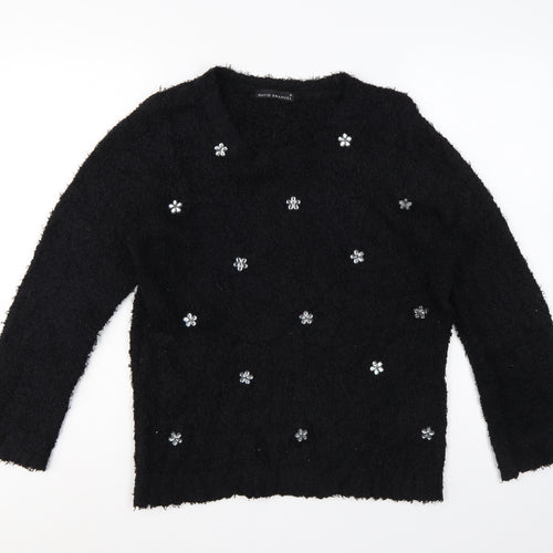 David Emanuel Women’s Black M Floral Jewel V-Neck Fuzzy Knit Jumper