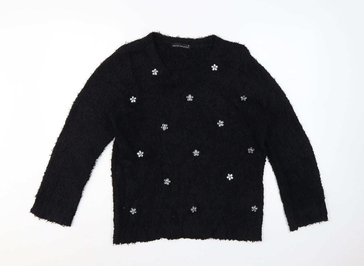 David Emanuel Women’s Black M Floral Jewel V-Neck Fuzzy Knit Jumper