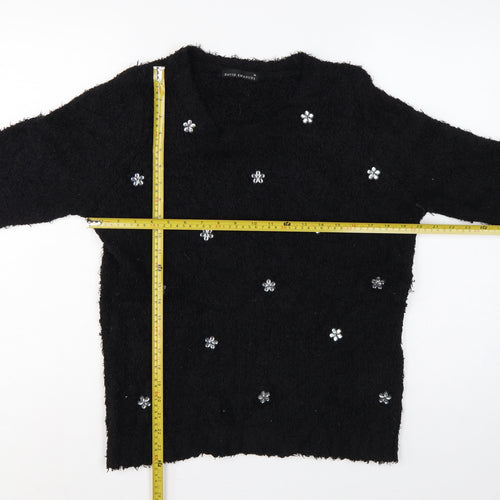 David Emanuel Women’s Black M Floral Jewel V-Neck Fuzzy Knit Jumper