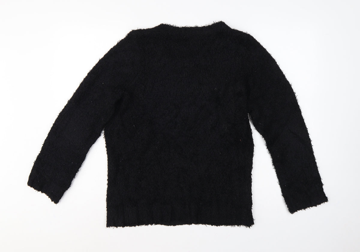 David Emanuel Women’s Black M Floral Jewel V-Neck Fuzzy Knit Jumper