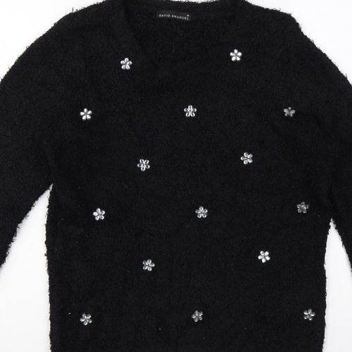 David Emanuel Women’s Black M Floral Jewel V-Neck Fuzzy Knit Jumper