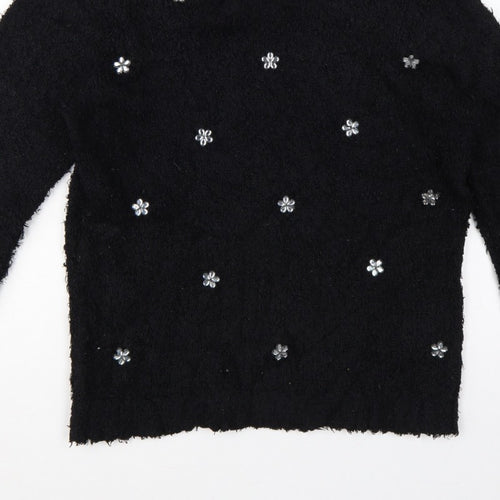 David Emanuel Women’s Black M Floral Jewel V-Neck Fuzzy Knit Jumper