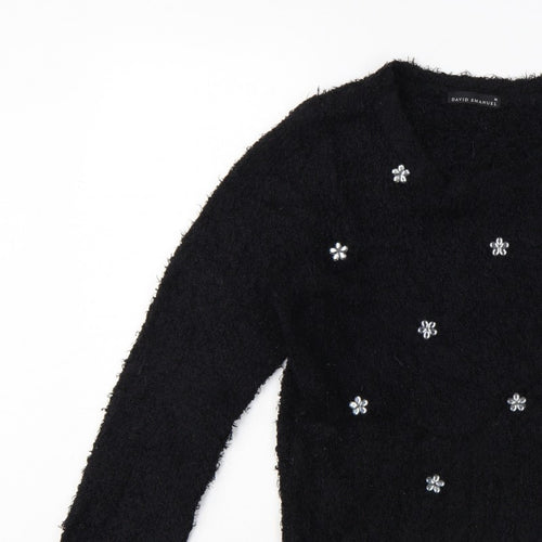 David Emanuel Women’s Black M Floral Jewel V-Neck Fuzzy Knit Jumper