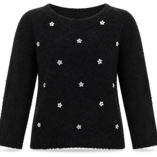 David Emanuel Women’s Black M Floral Jewel V-Neck Fuzzy Knit Jumper