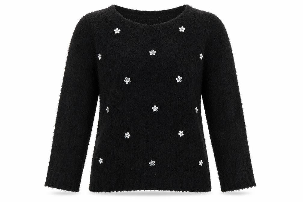 David Emanuel Women’s Black M Floral Jewel V-Neck Fuzzy Knit Jumper