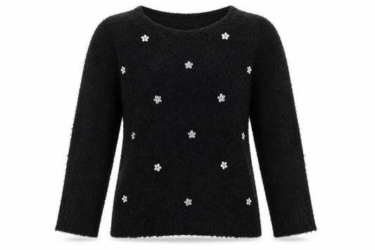 David Emanuel Women’s Black M Floral Jewel V-Neck Fuzzy Knit Jumper