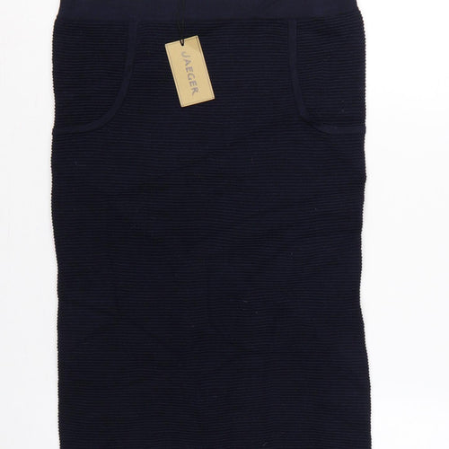 Jaeger Women’s Navy S Rib Knit Wool Pencil Midi Skirt with Pockets