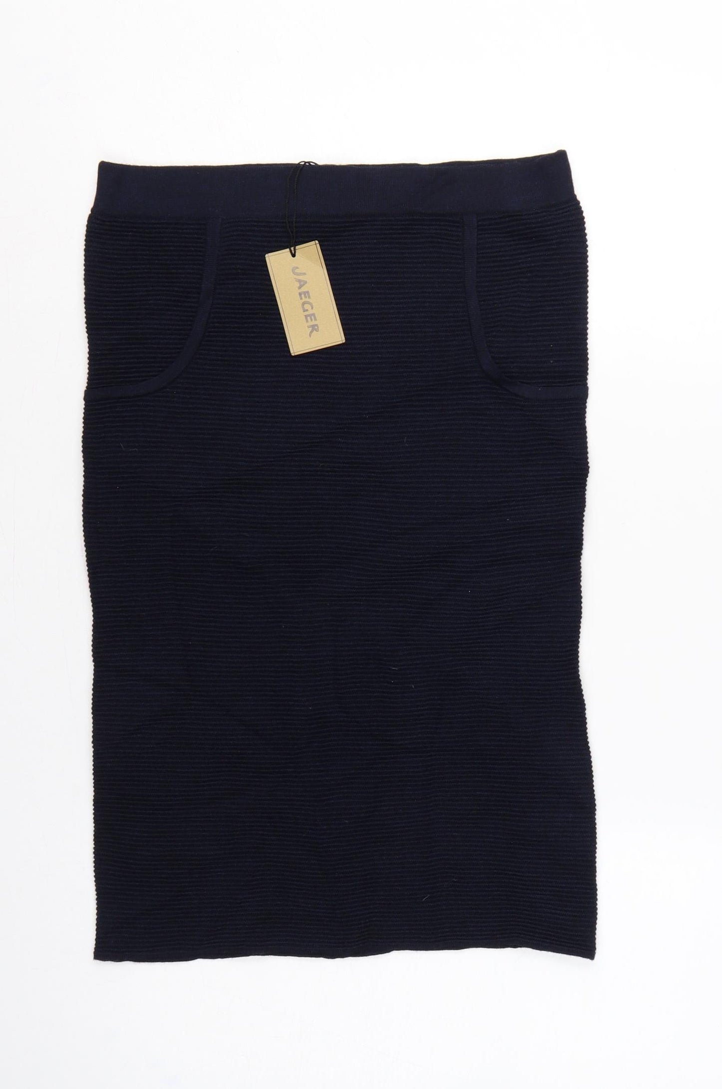 Jaeger Women’s Navy S Rib Knit Wool Pencil Midi Skirt with Pockets