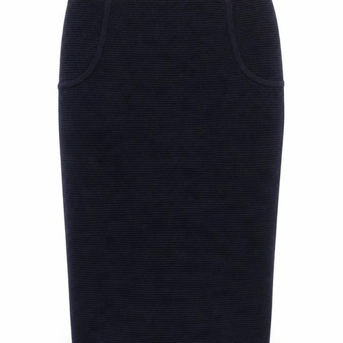 Jaeger Women’s Navy S Rib Knit Wool Pencil Midi Skirt with Pockets