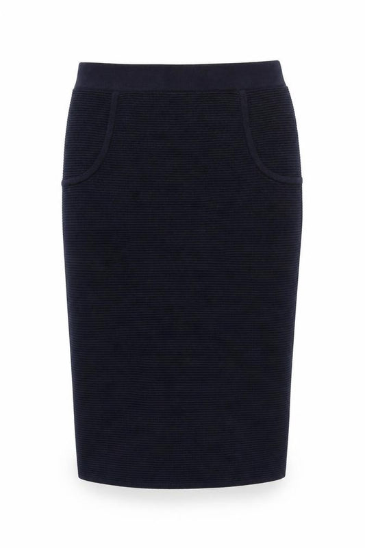Jaeger Women’s Navy S Rib Knit Wool Pencil Midi Skirt with Pockets