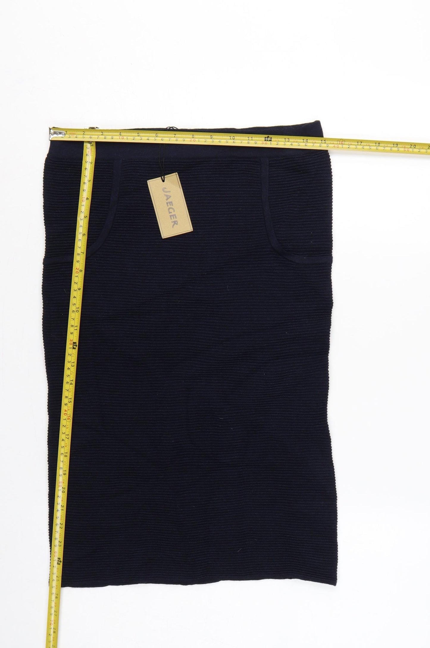 Jaeger Women’s Navy S Rib Knit Wool Pencil Midi Skirt with Pockets