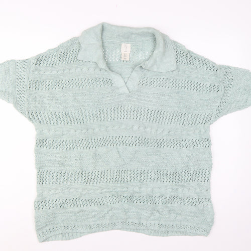 Joie Women’s Blue UK 20 Open Knit Collared Short Sleeve Jumper