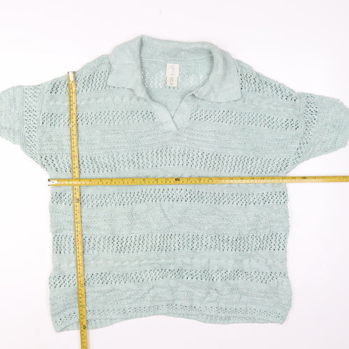 Joie Women’s Blue UK 20 Open Knit Collared Short Sleeve Jumper