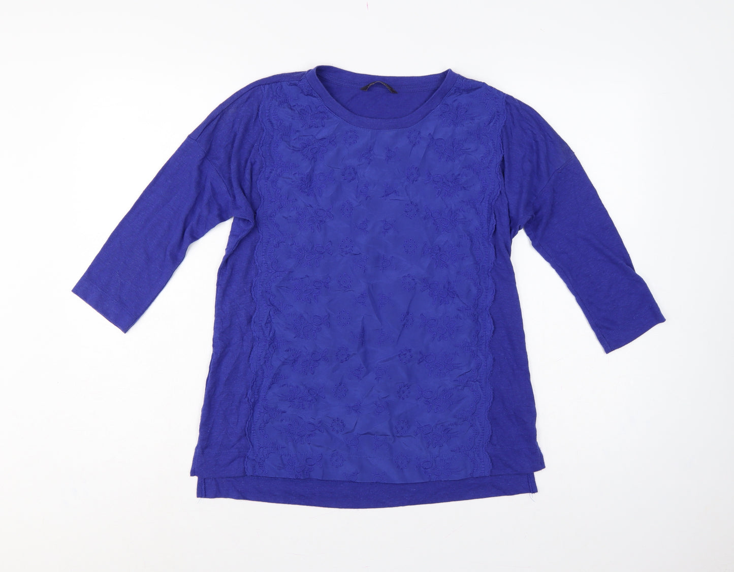 Marks & Spencer Women Blue UK 12 Embroidered Floral Linen Blend Tunic Top