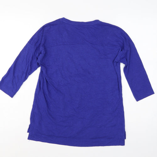 Marks & Spencer Women Blue UK 12 Embroidered Floral Linen Blend Tunic Top