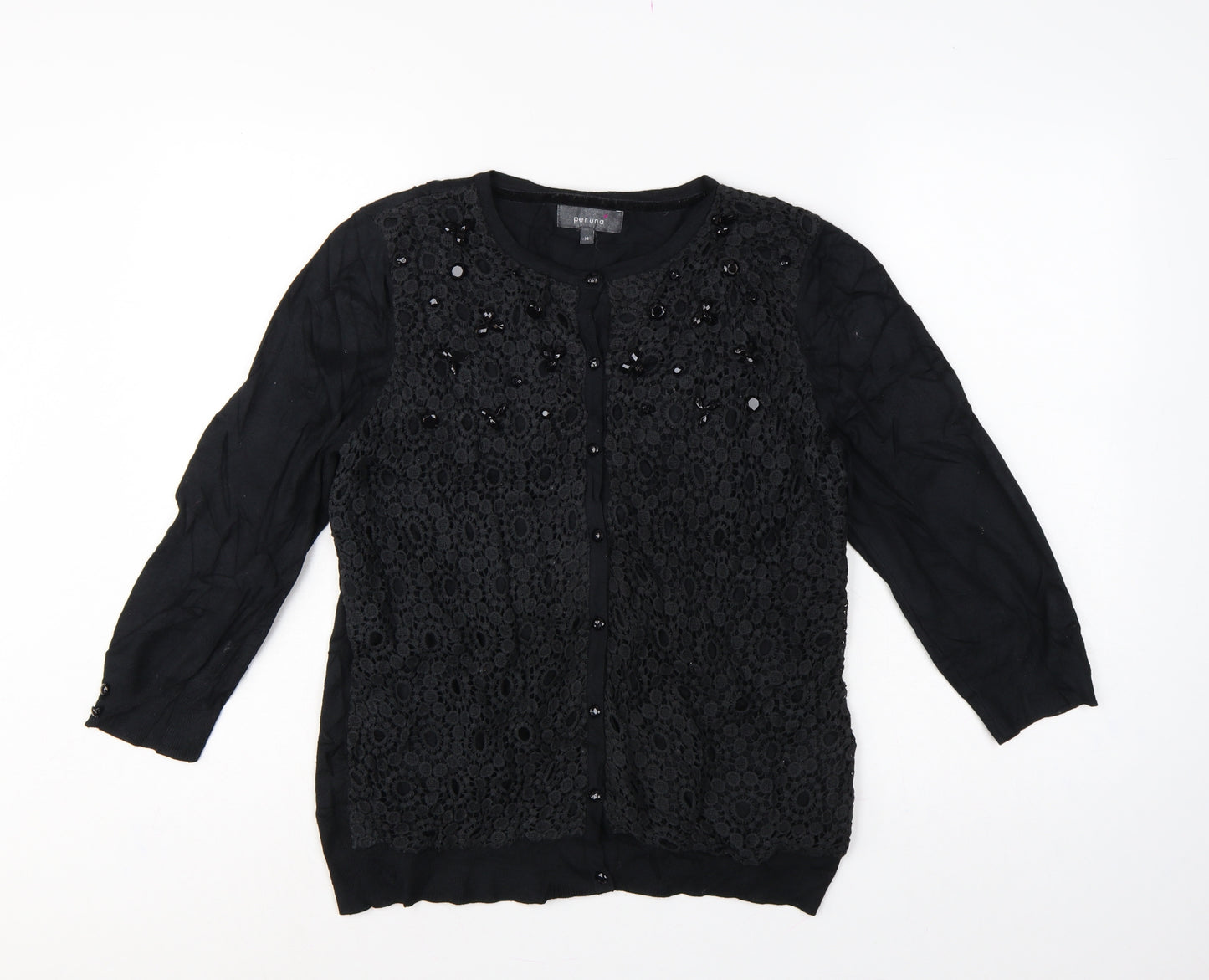 Per Una Women’s Black UK 14 Lace Beaded Button Cardigan 3/4 Sleeve