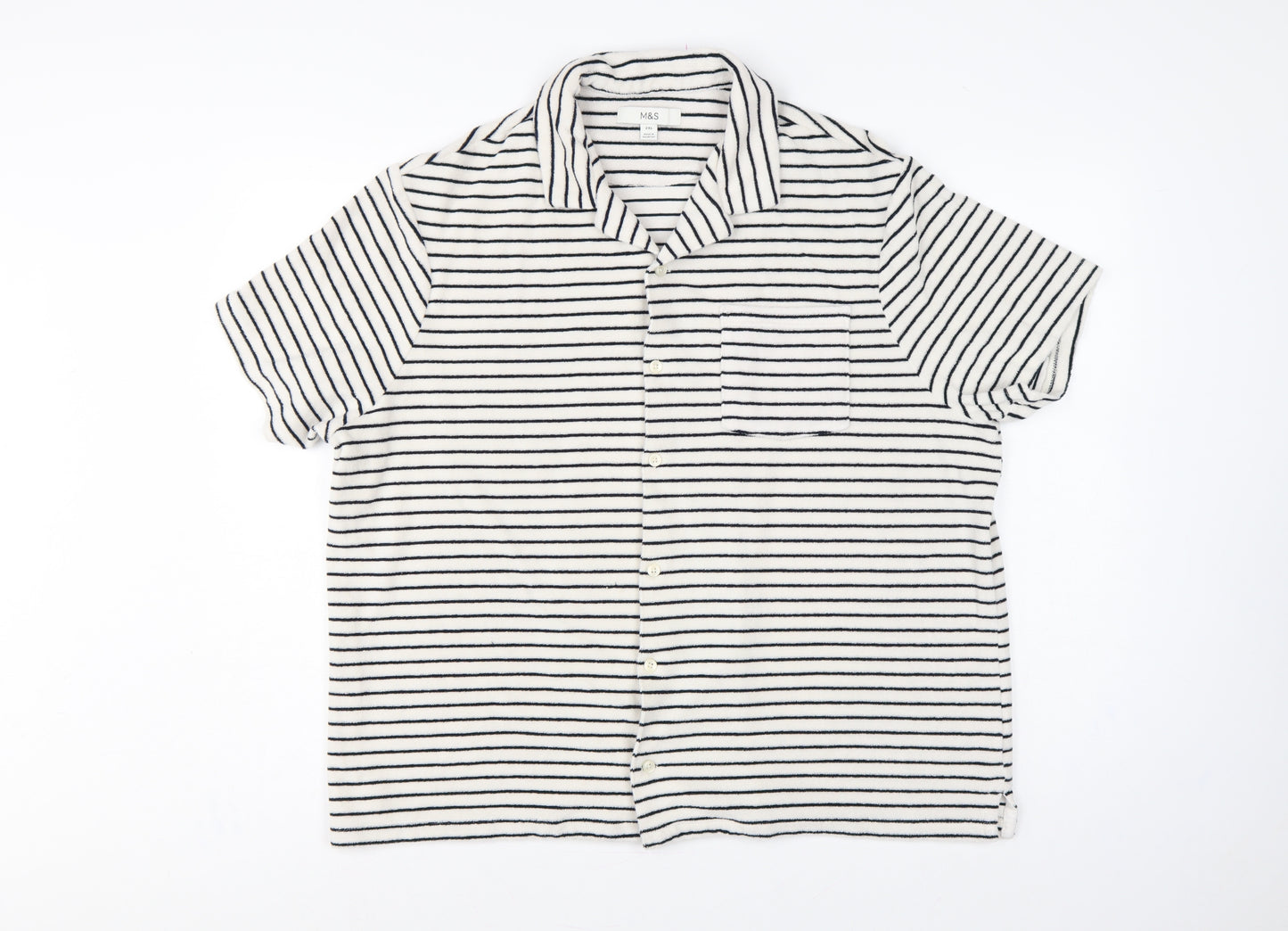 Marks and Spencer Women White Navy Striped Basic Cotton Terry Polo Shirt 2XL