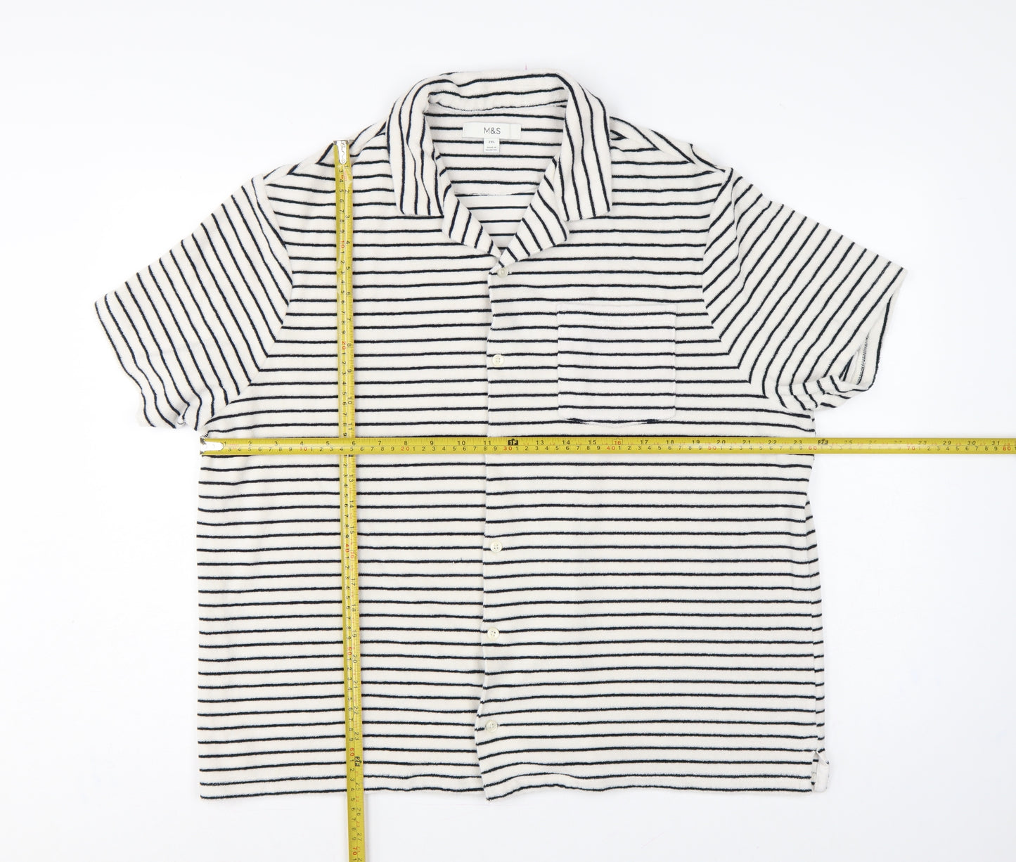 Marks and Spencer Women White Navy Striped Basic Cotton Terry Polo Shirt 2XL