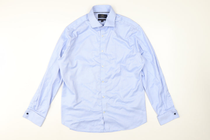 Marks and Spencer Men Blue L 17in Slim Herringbone Cotton Dress Shirt