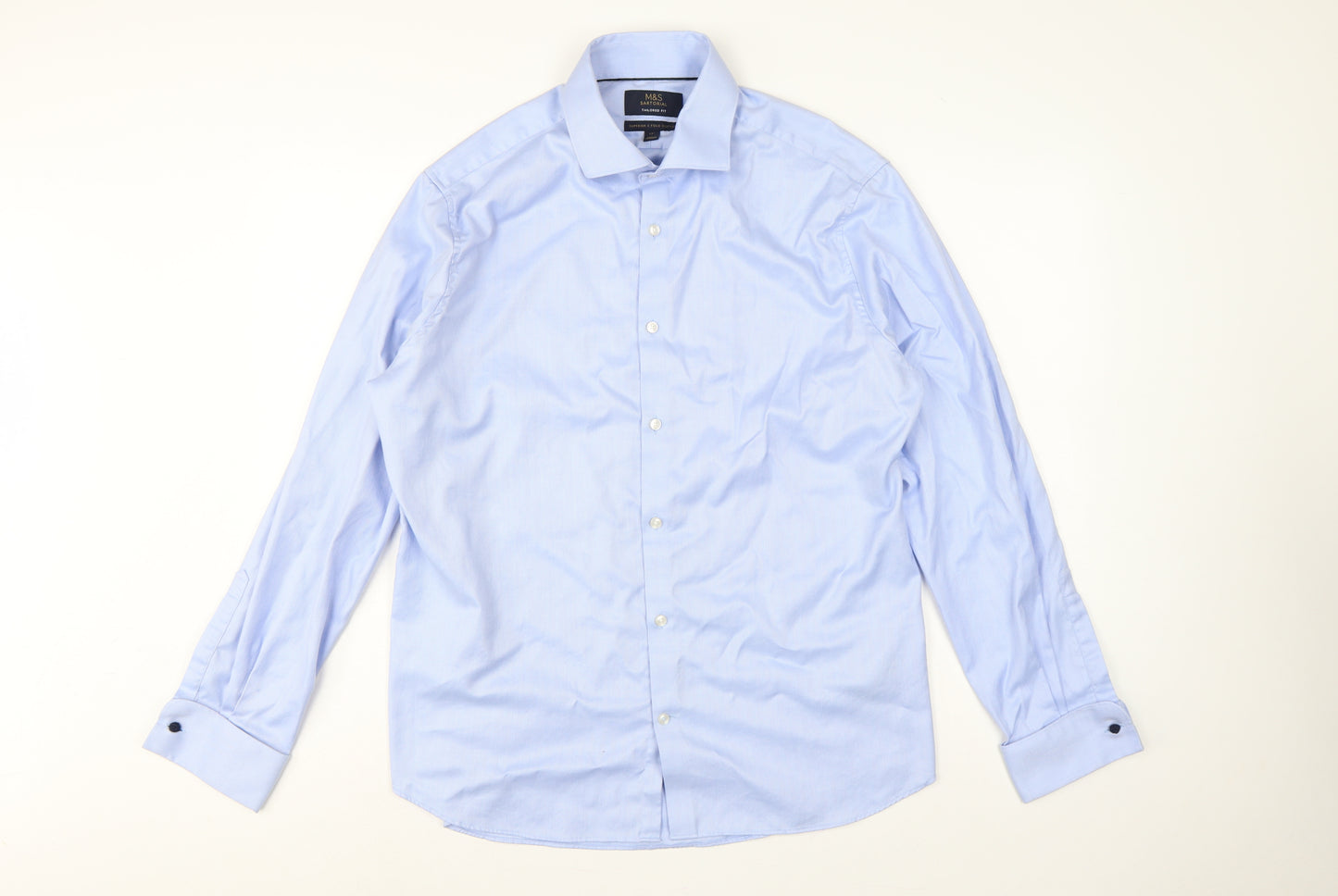 Marks and Spencer Men Blue L 17in Slim Herringbone Cotton Dress Shirt