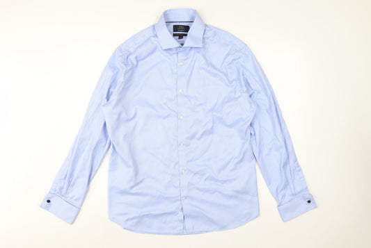Marks and Spencer Men Blue L 17in Slim Herringbone Cotton Dress Shirt