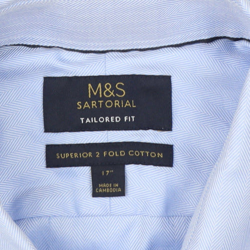 Marks and Spencer Men Blue L 17in Slim Herringbone Cotton Dress Shirt