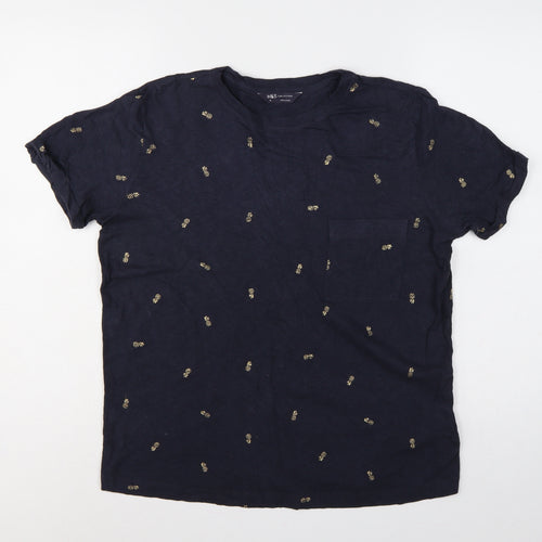 Marks and Spencer Women Blue Size 12 Pineapple Cotton Pocket T-Shirt