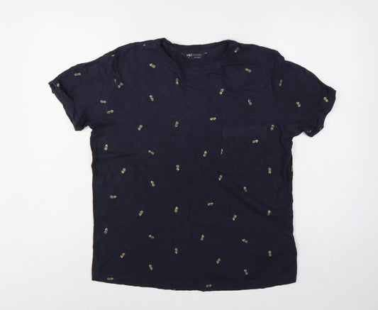 Marks and Spencer Women Blue Size 12 Pineapple Cotton Pocket T-Shirt