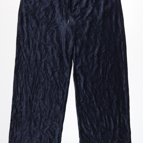 M&S Womens Blue UK 16 Regular Crushed Velour Wide-Leg Drawstring Trousers