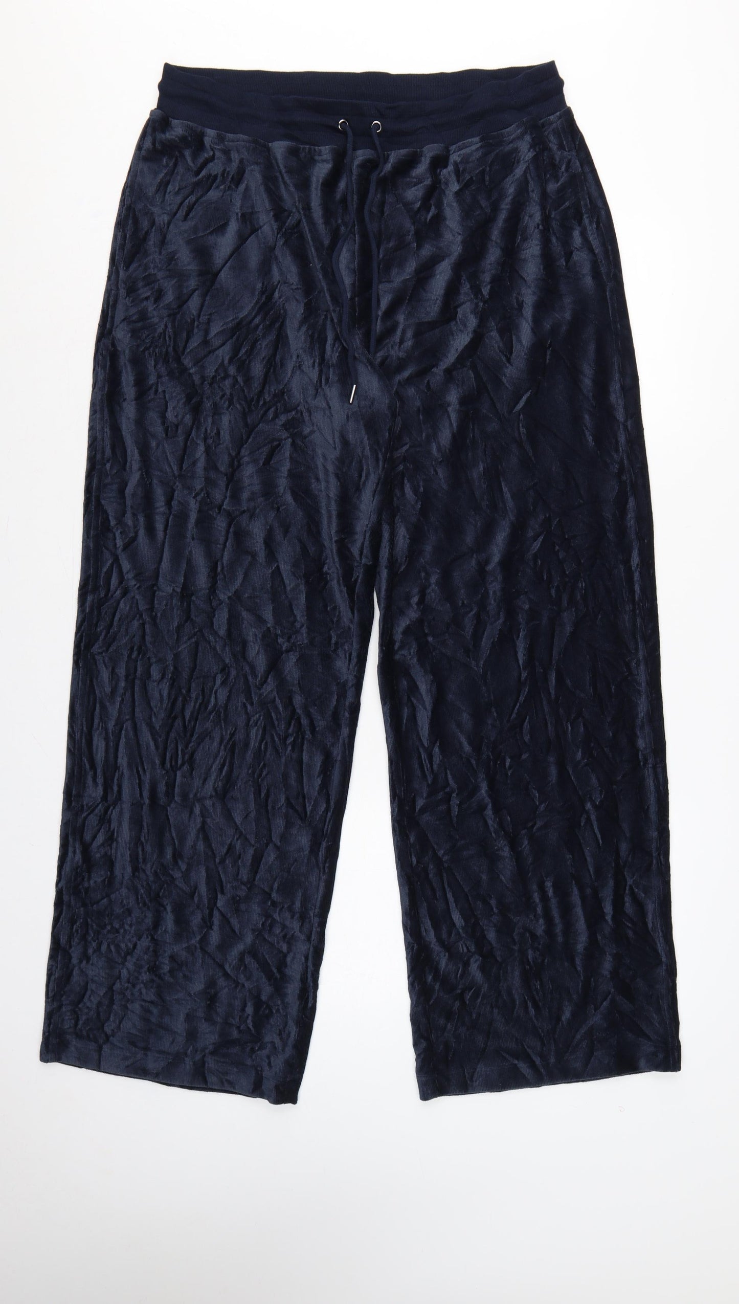 M&S Womens Blue UK 16 Regular Crushed Velour Wide-Leg Drawstring Trousers