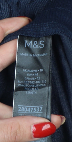 M&S Womens Blue UK 16 Regular Crushed Velour Wide-Leg Drawstring Trousers