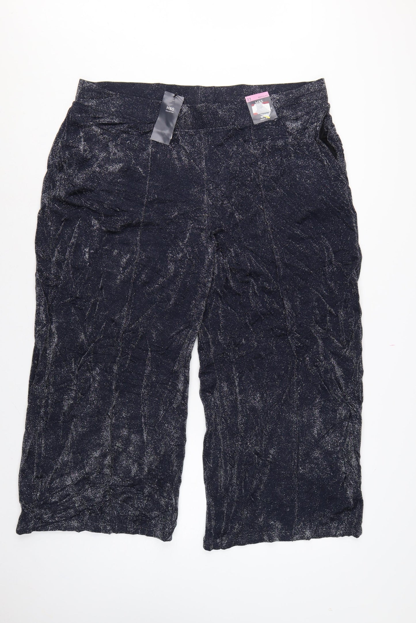 M&S Womens Blue Glitter Wide-Leg Cropped Trousers UK 22 Regular