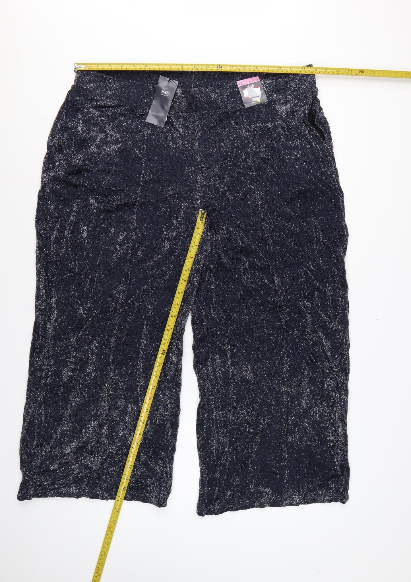 M&S Womens Blue Glitter Wide-Leg Cropped Trousers UK 22 Regular
