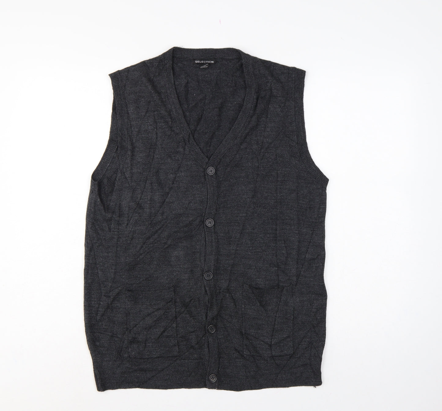 Selection Men’s Grey L Button V-Neck Sleeveless Knit Cardigan Vest