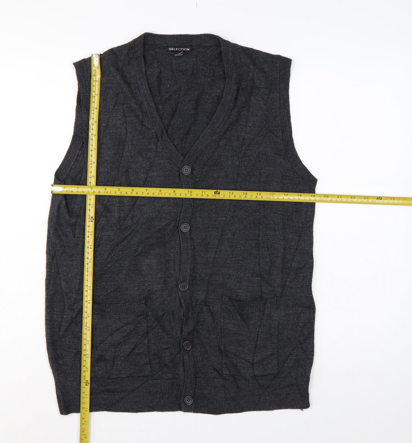 Selection Men’s Grey L Button V-Neck Sleeveless Knit Cardigan Vest