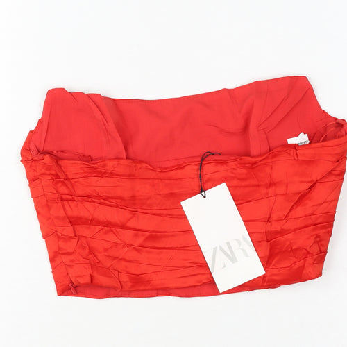Zara Women Red M Cropped Strapless Pleated Satin Party Top