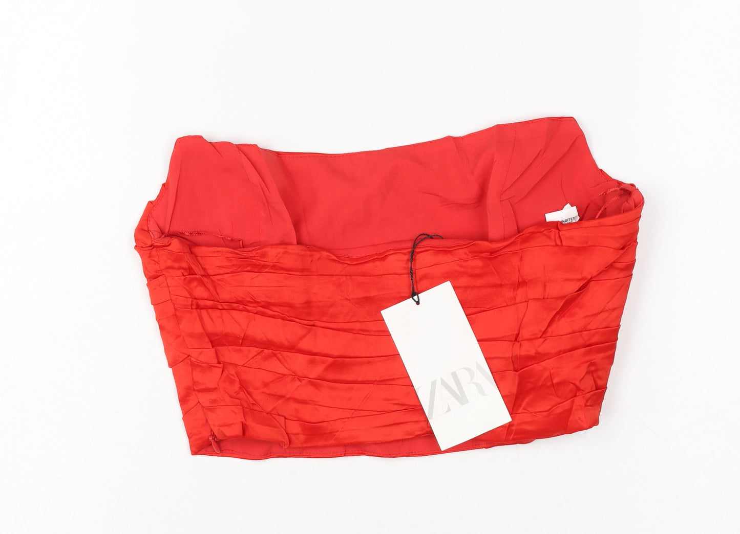 Zara Women Red M Cropped Strapless Pleated Satin Party Top