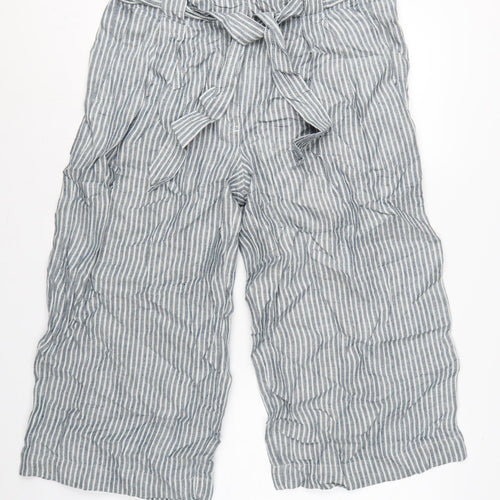 Marks & Spencer Women Blue Stripe UK 18 Linen Paperbag Wide Leg Trousers