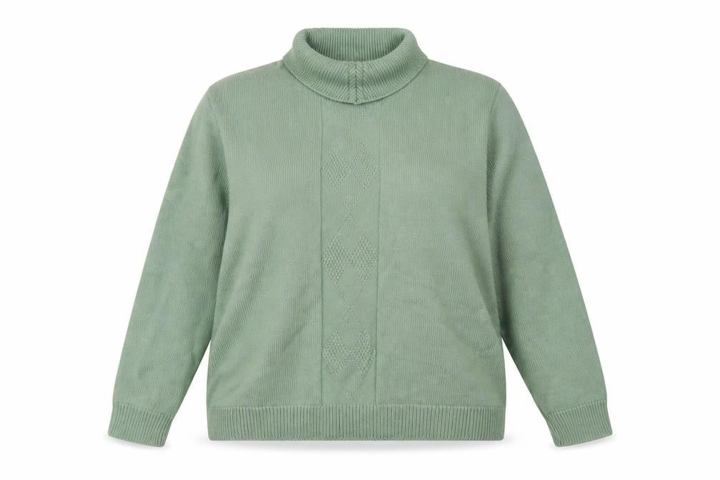 View Women’s Sage Green L Merino Wool Blend Roll Neck Argyle Jumper