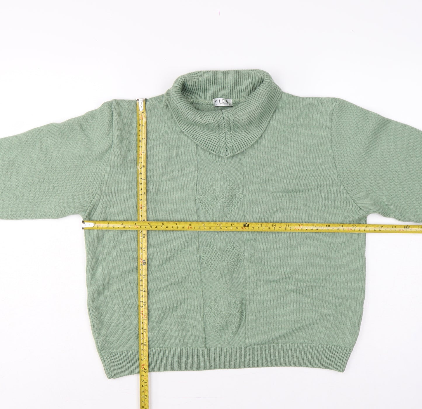 View Women’s Sage Green L Merino Wool Blend Roll Neck Argyle Jumper