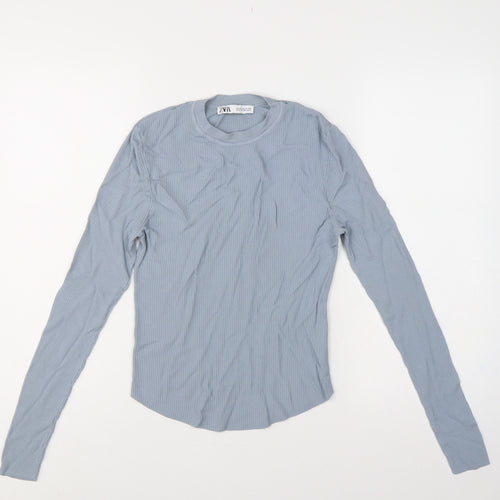 Zara Women Blue M Ribbed Knit Long Sleeve Crew Neck Pullover Jumper