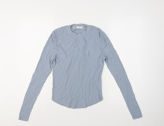 Zara Women Blue M Ribbed Knit Long Sleeve Crew Neck Pullover Jumper