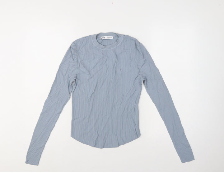 Zara Women Blue M Ribbed Knit Long Sleeve Crew Neck Pullover Jumper