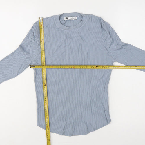 Zara Women Blue M Ribbed Knit Long Sleeve Crew Neck Pullover Jumper