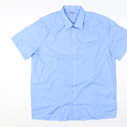 Marks and Spencer Men Blue 16.5in Collar Short Sleeve Button-Up Shirt