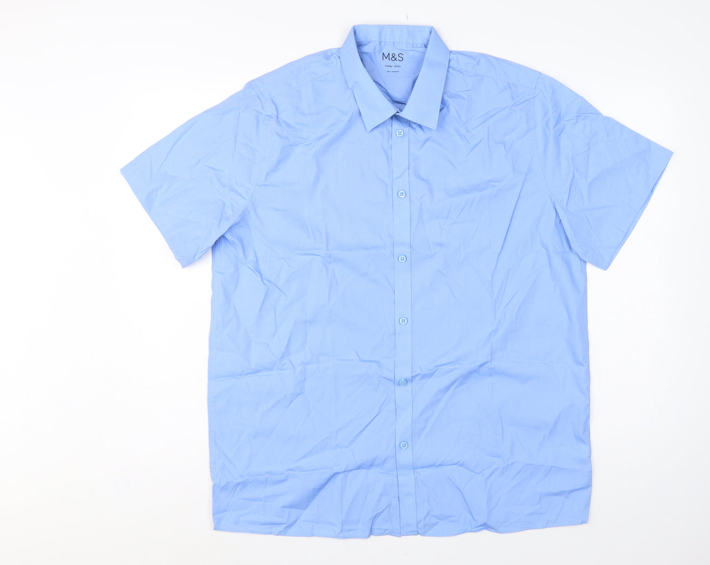 Marks and Spencer Men Blue 16.5in Collar Short Sleeve Button-Up Shirt