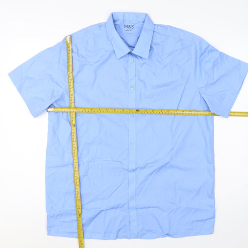 Marks and Spencer Men Blue 16.5in Collar Short Sleeve Button-Up Shirt